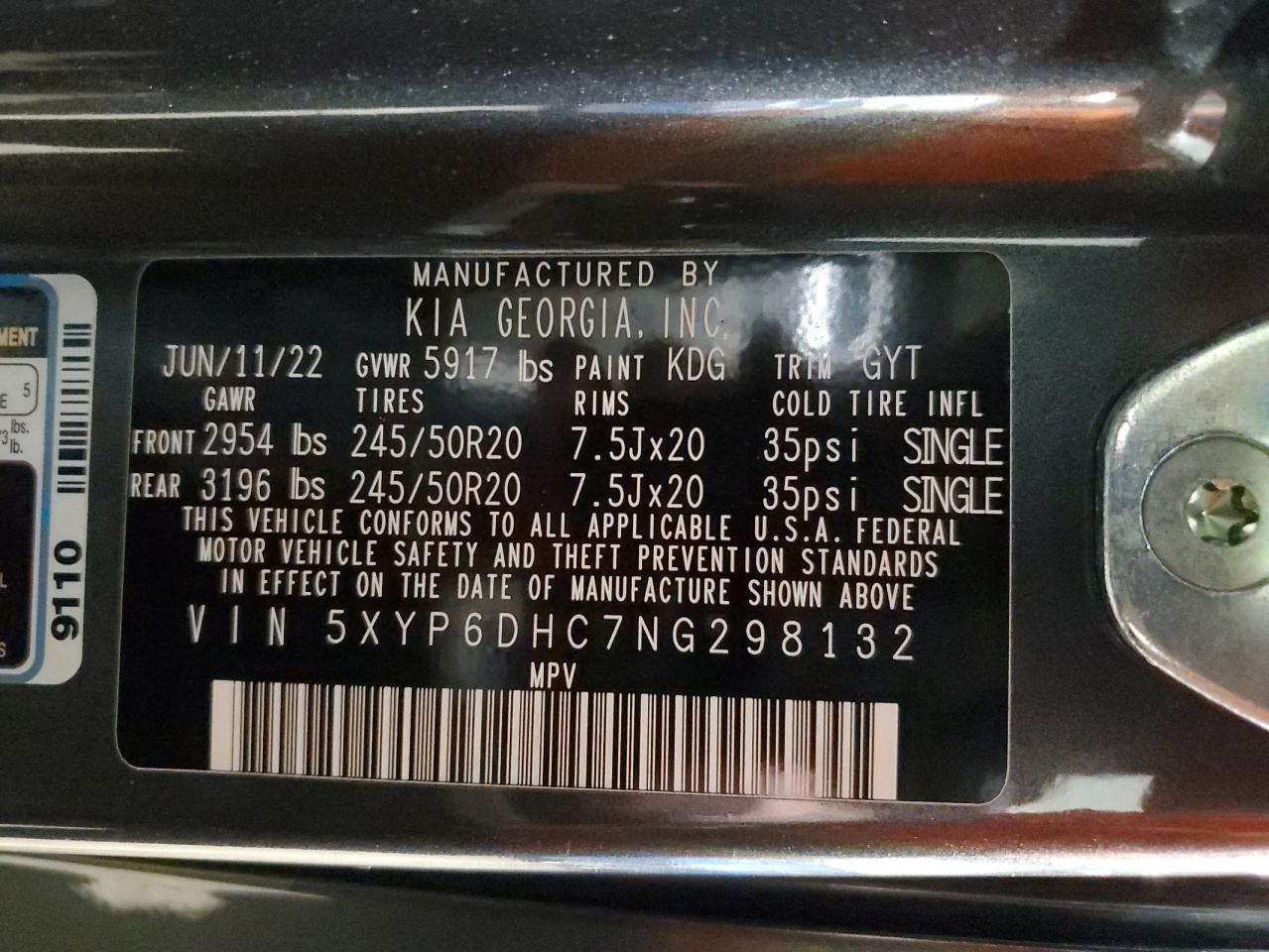 2022 KIA TELLURIDE S VIN:5XYP6DHC7NG298132