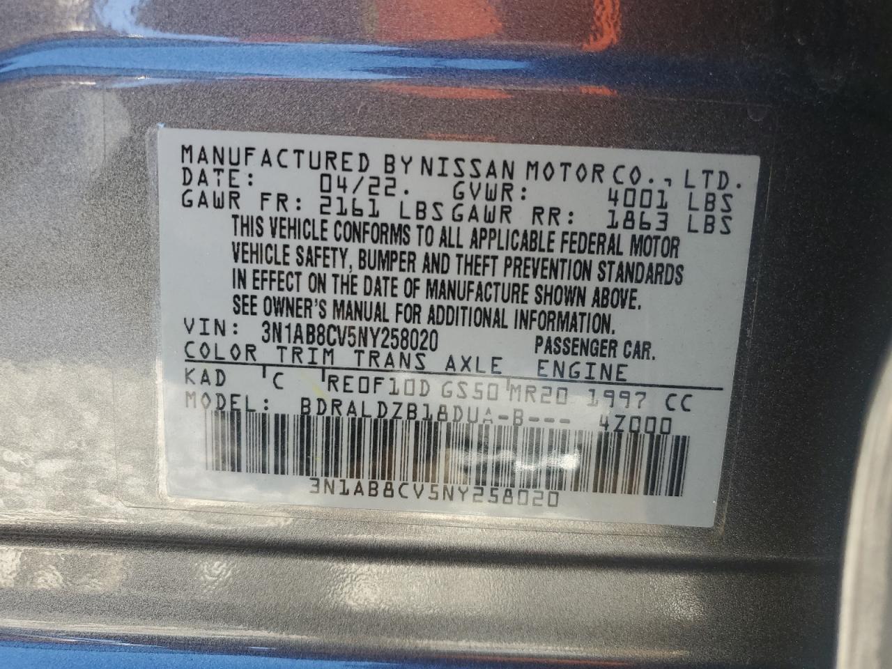 2022 NISSAN SENTRA SV VIN:3N1AB8CV5NY258020