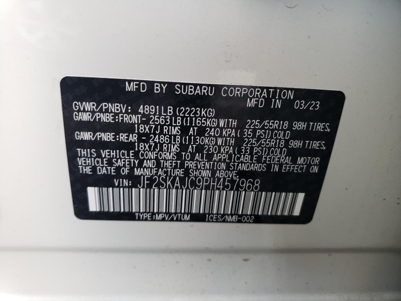 2023 SUBARU FORESTER SPORT VIN:JF2SKAJC9PH457968