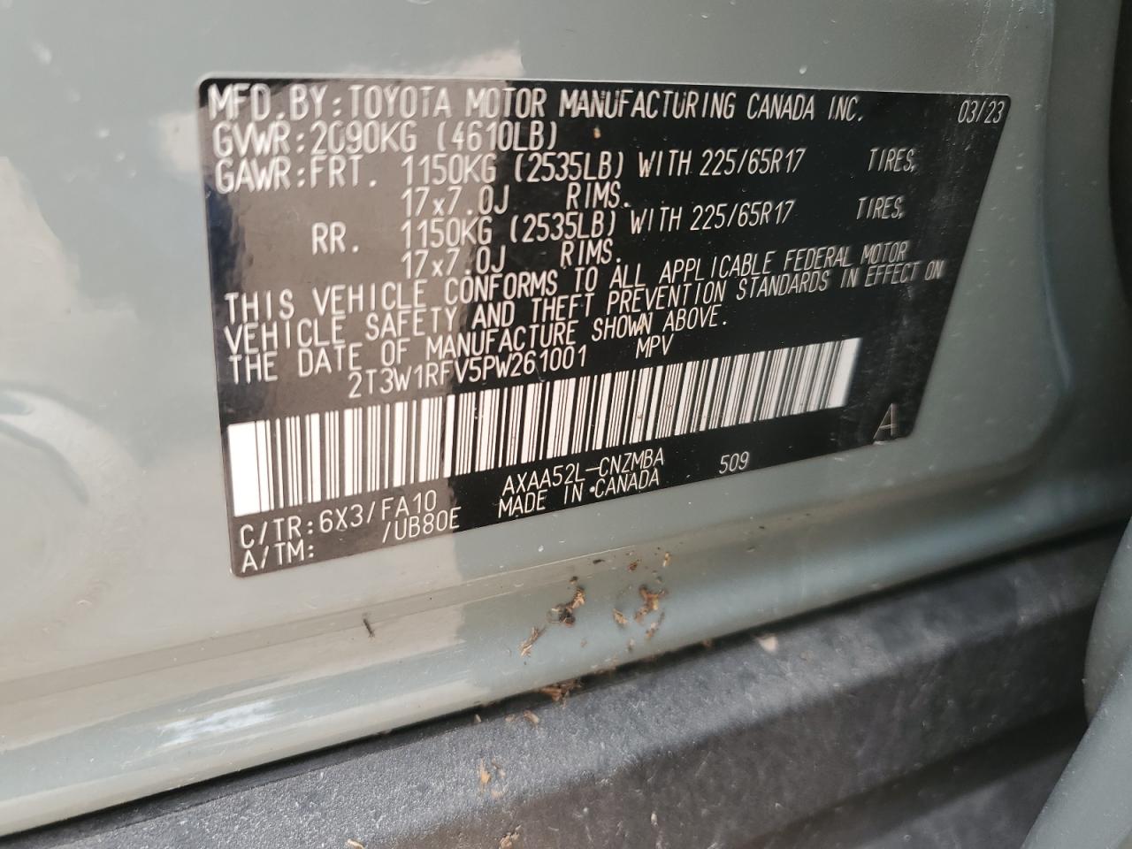 2023 TOYOTA RAV4 XLE VIN:2T3W1RFV5PW261001