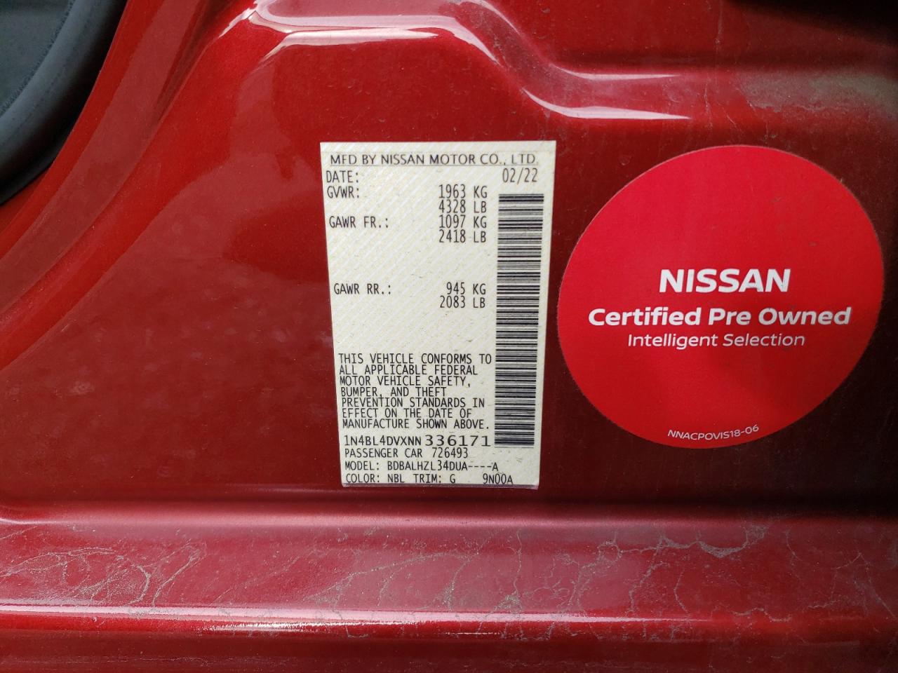 2022 NISSAN ALTIMA SV VIN:1N4BL4DVXNN336171