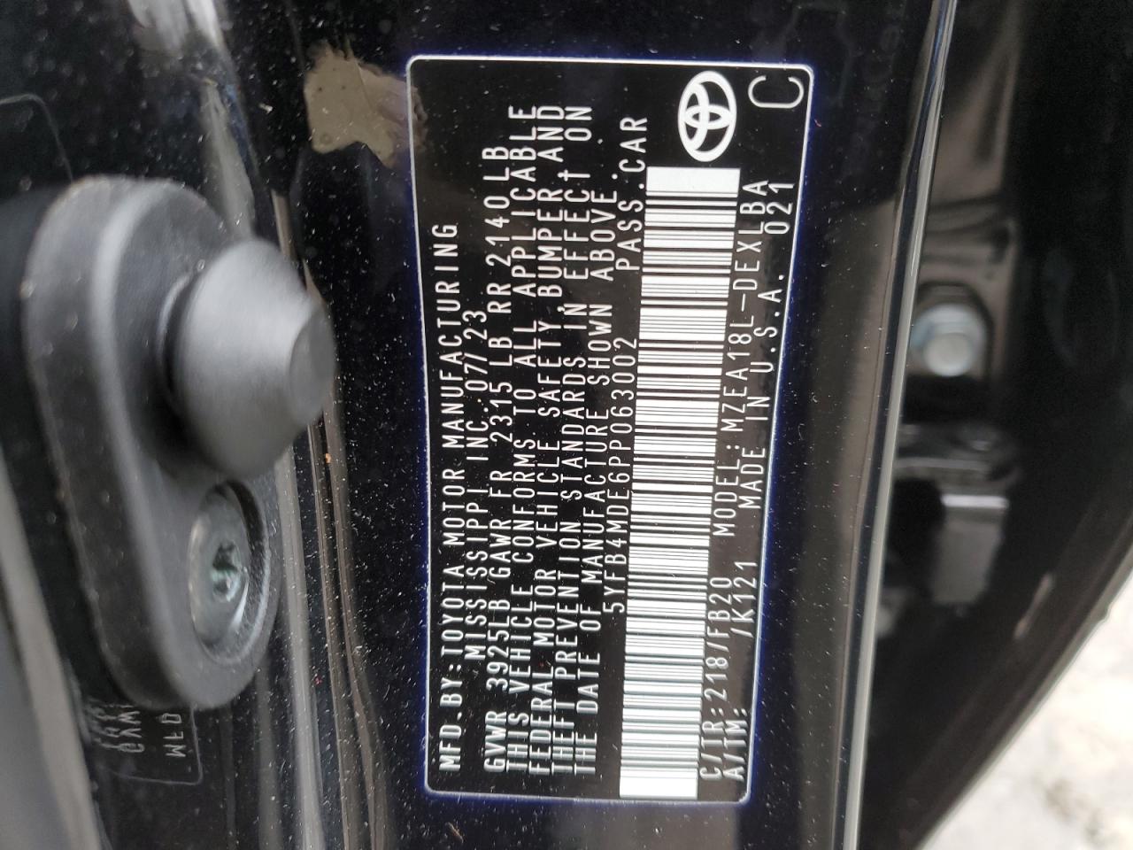 2023 TOYOTA COROLLA LE VIN:5YFB4MDE6PP063002