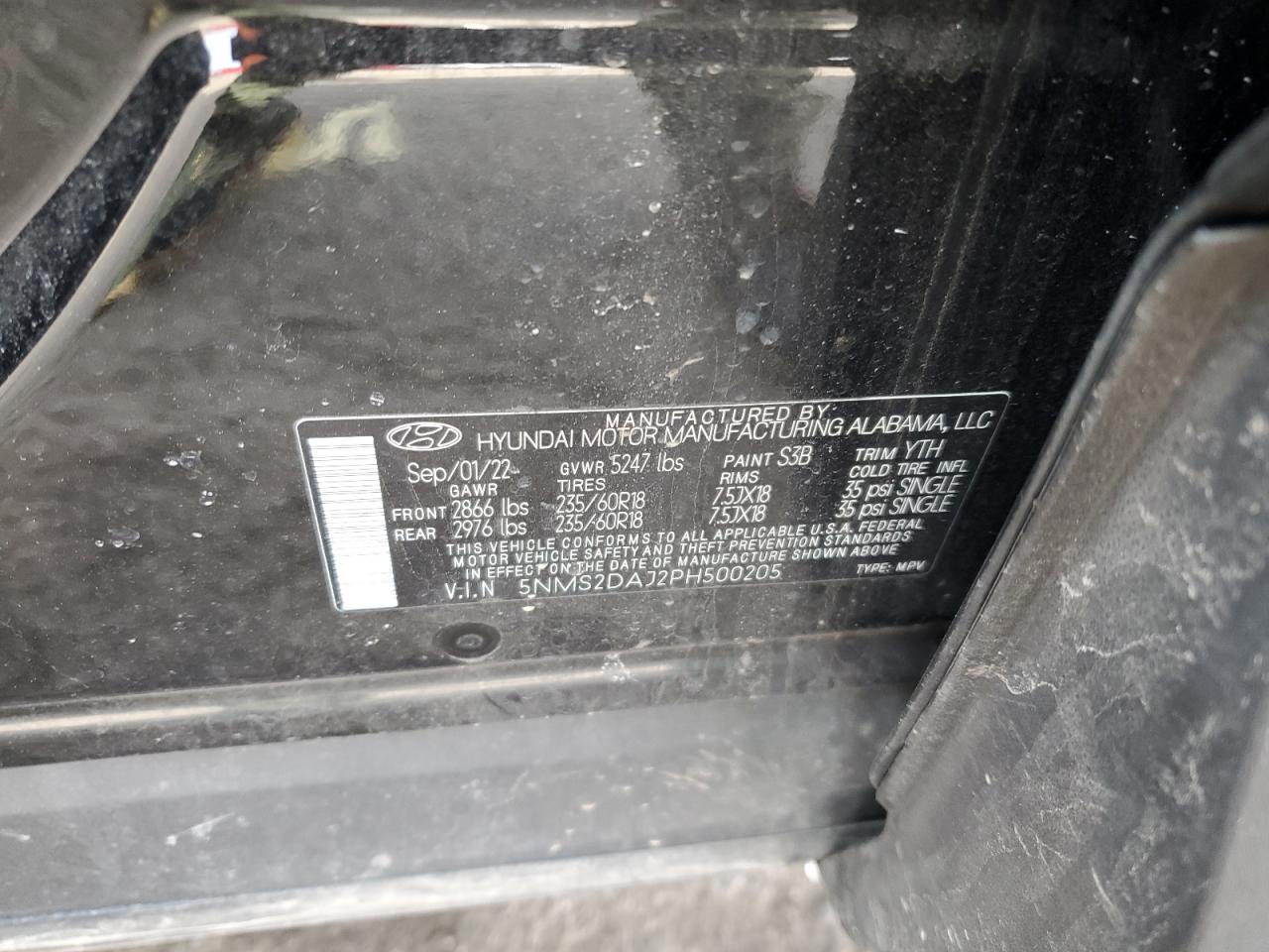 2023 HYUNDAI SANTA FE SEL VIN:5NMS2DAJ2PH500205