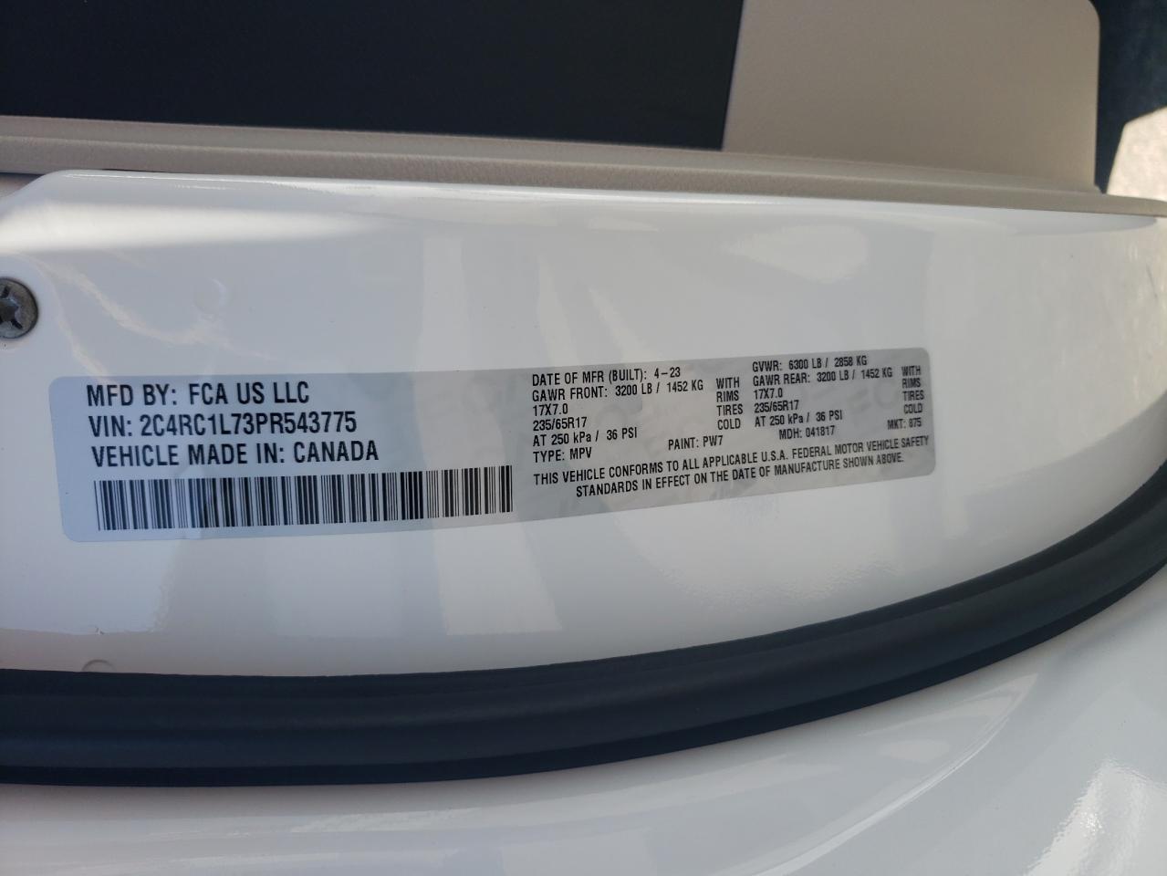 2023 CHRYSLER PACIFICA HYBRID TOURING L VIN:2C4RC1L73PR543775