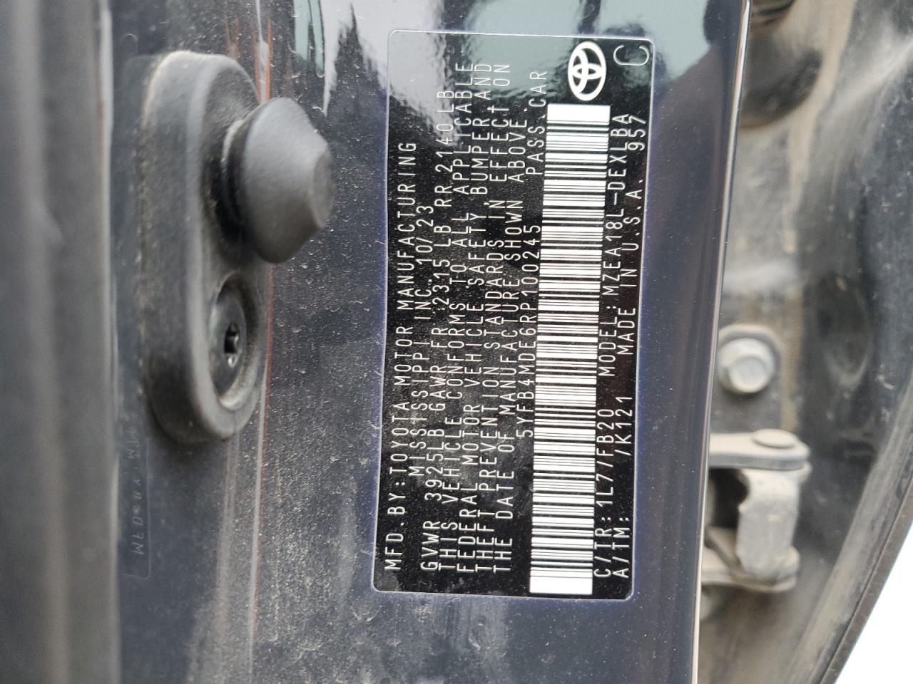 2024 TOYOTA COROLLA LE VIN:5YFB4MDE6RP100245