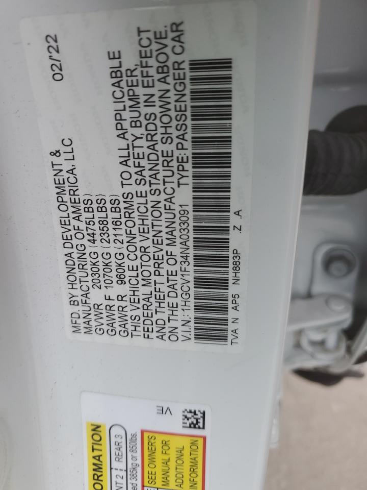 2022 HONDA ACCORD SPORT VIN:1HGCV1F34NA033091