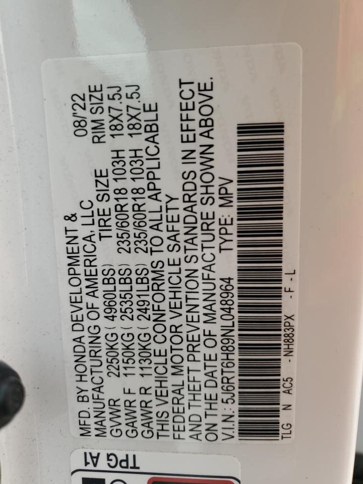 2022 HONDA CR-V EXL VIN:5J6RT6H89NL048964