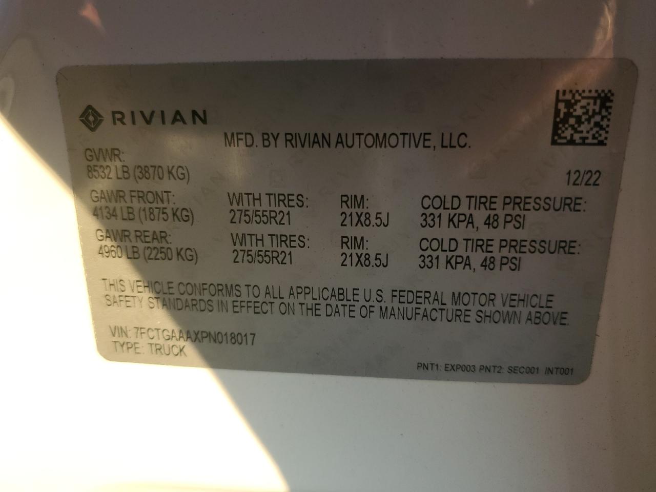 2023 RIVIAN R1T ADVENTURE VIN:7FCTGAAAXPN018017