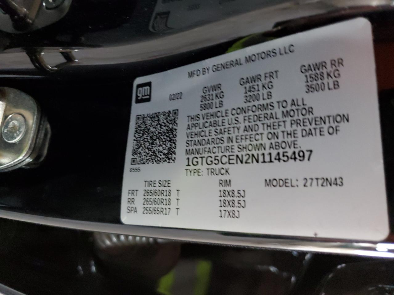 2022 GMC CANYON ELEVATION VIN:1GTG5CEN2N1145497