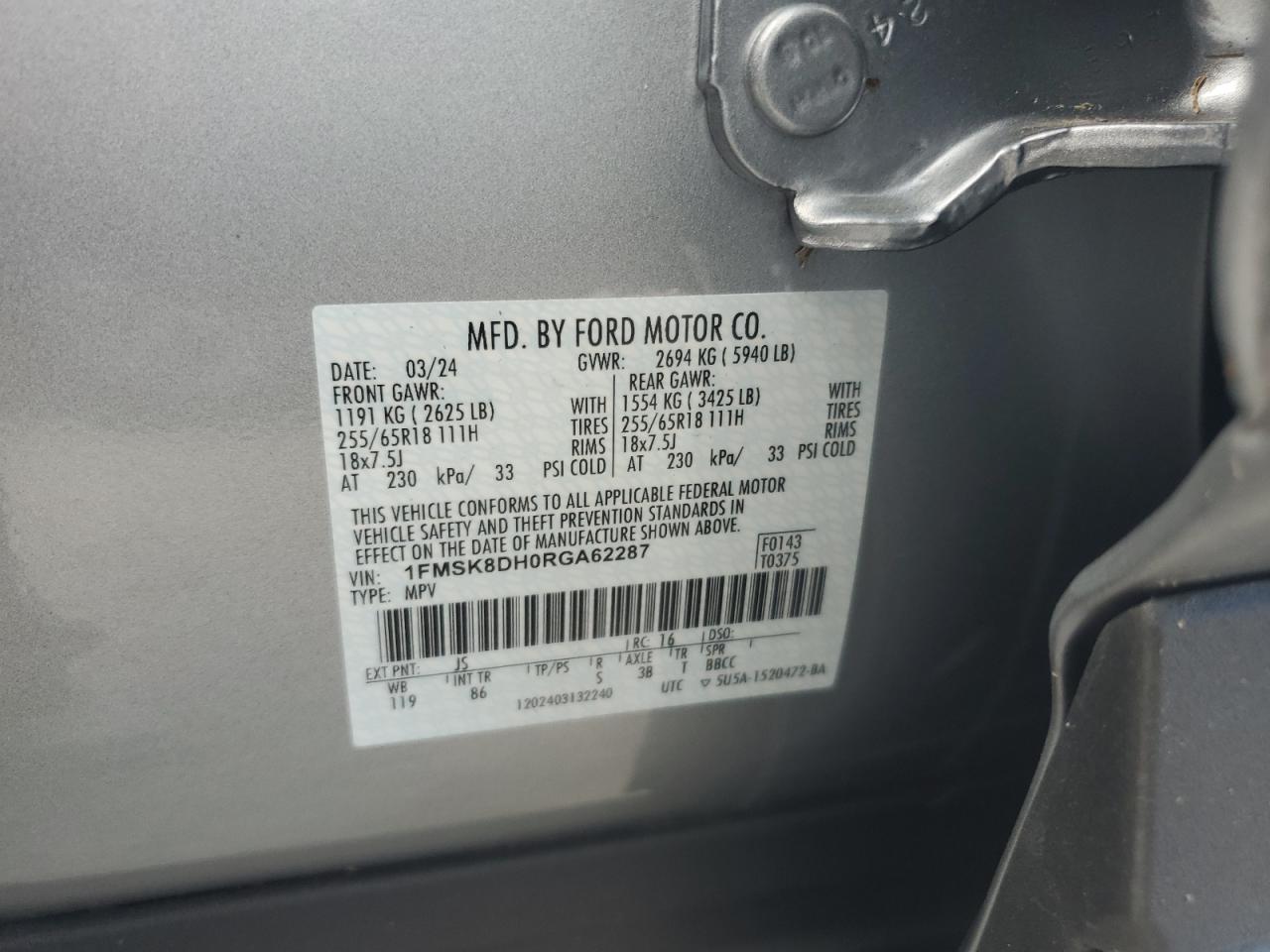 2024 FORD EXPLORER XLT VIN:1FMSK8DH0RGA62287