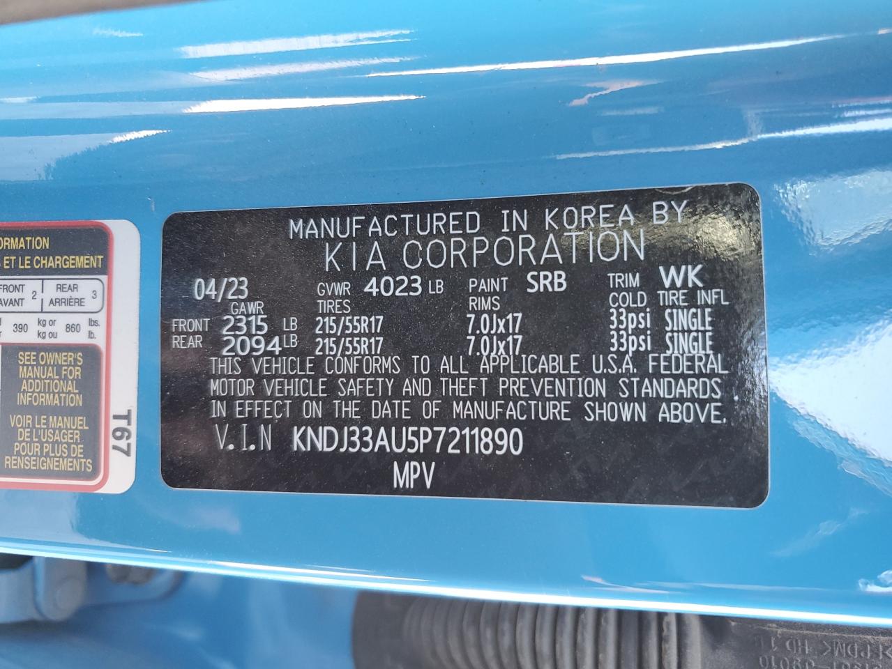 2023 KIA SOUL EX VIN:KNDJ33AU5P7211890