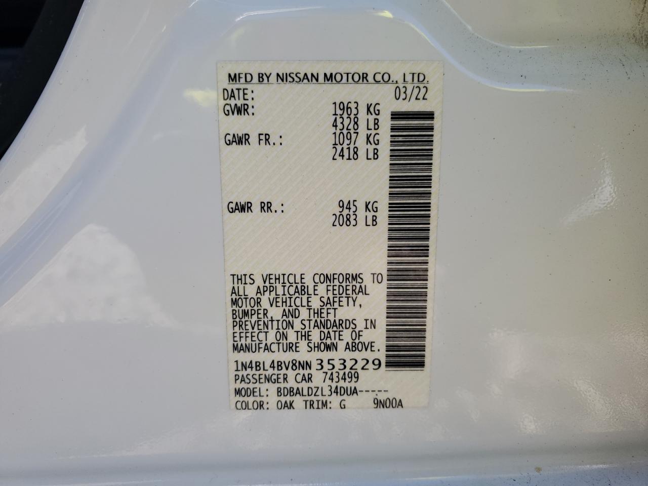 2022 NISSAN ALTIMA S VIN:1N4BL4BV8NN353229