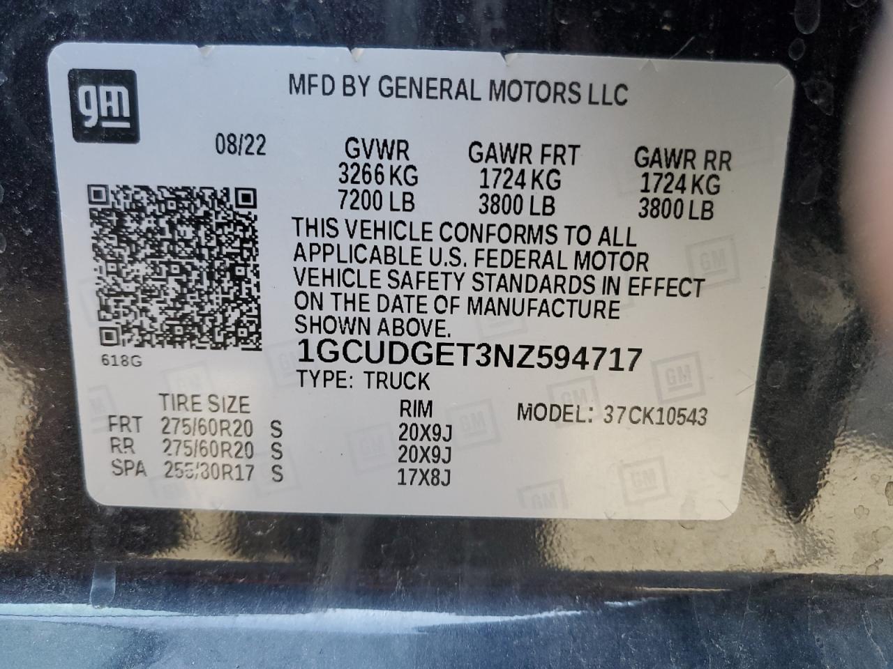 2022 CHEVROLET SILVERADO K1500 LTZ VIN:1GCUDGET3NZ594717