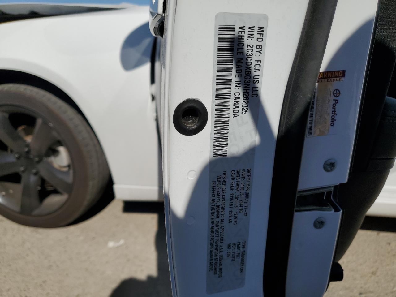 2022 DODGE CHARGER SXT VIN:2C3CDXBG3NH262025