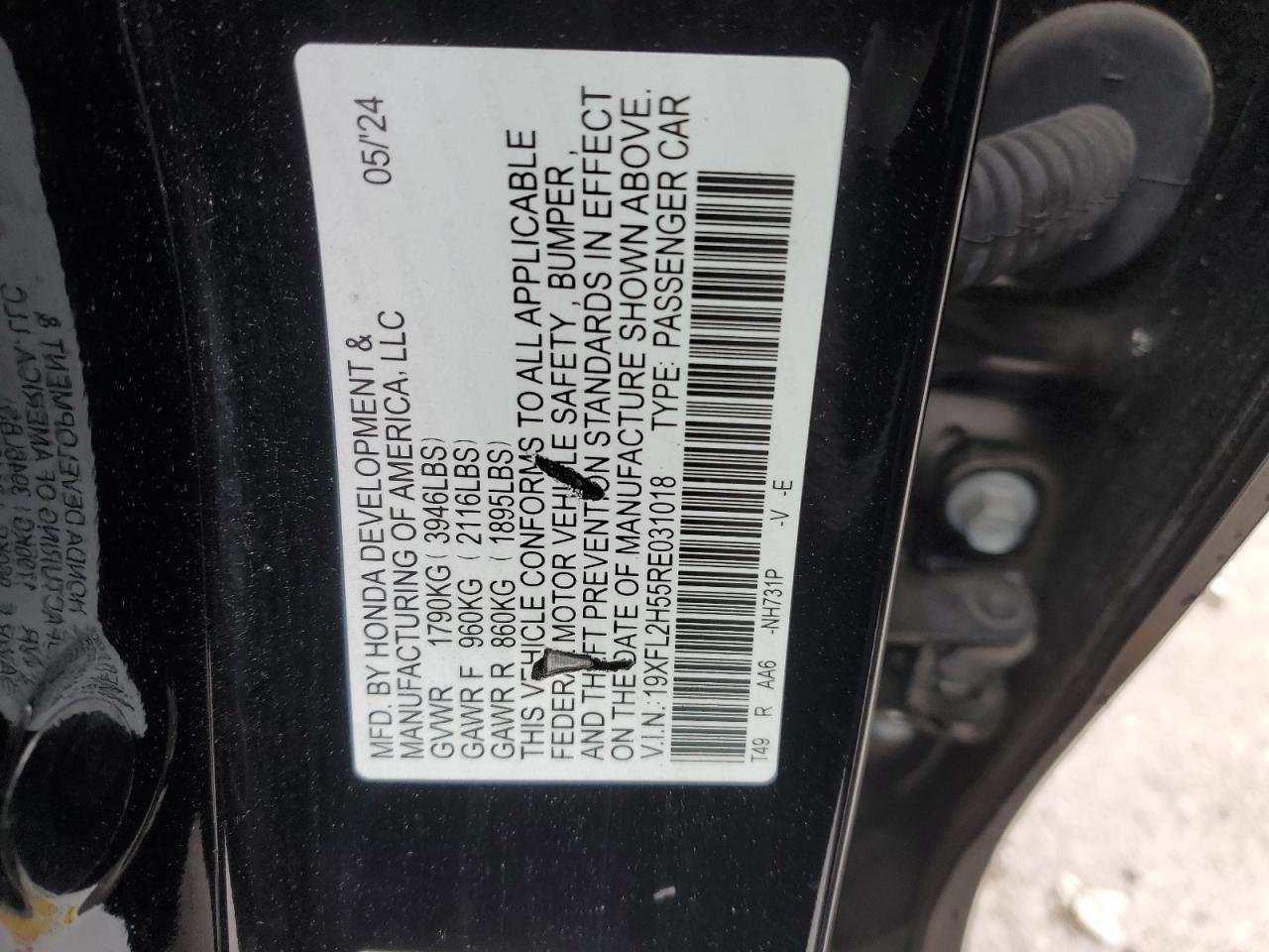 2024 HONDA CIVIC LX VIN:19XFL2H55RE031018