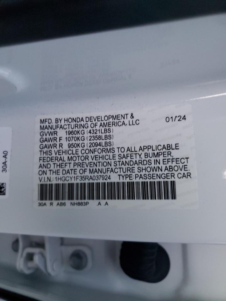 2024 HONDA ACCORD EX VIN:1HGCY1F35RA037924