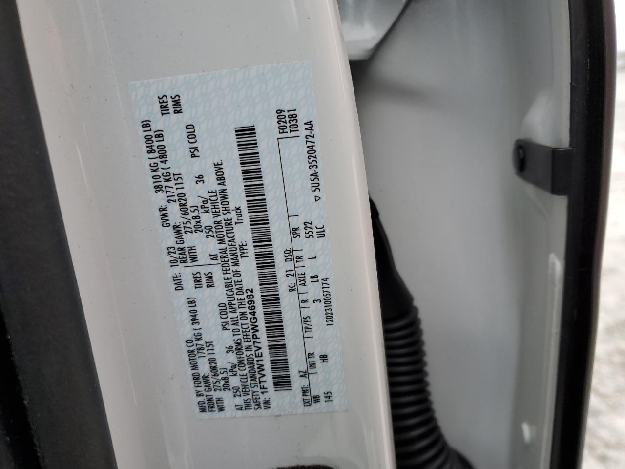 2023 FORD F150 LIGHTNING PRO VIN:1G1ZJ57759F205689