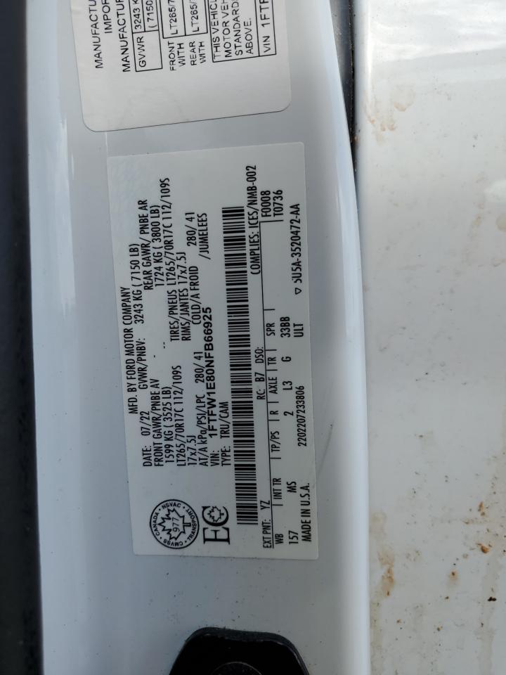2022 FORD F150 SUPERCREW VIN:1FTFW1E80NFB66925