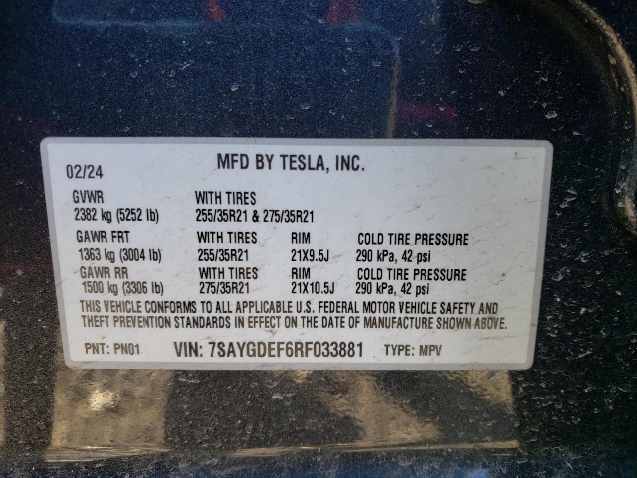 2024 TESLA MODEL Y  VIN:7SAYGDEF6RF033881