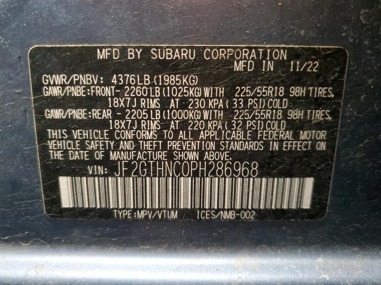 2023 SUBARU CROSSTREK LIMITED VIN:JF2GTHNC0PH286968