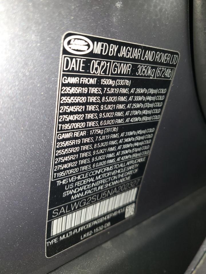 2022 LAND ROVER RANGE ROVER SPORT SE VIN:SALWG2SU5NA202327