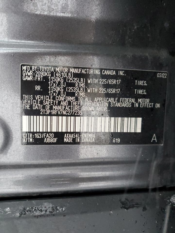2022 TOYOTA RAV4 XLE VIN:2T3P1RFV7NC277235