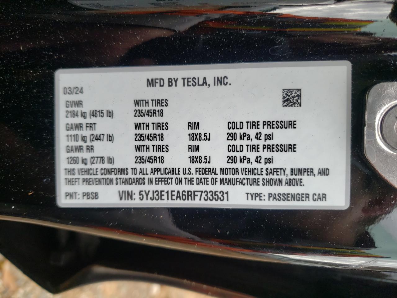 2024 TESLA MODEL 3  VIN:5YJ3E1EA6RF733531