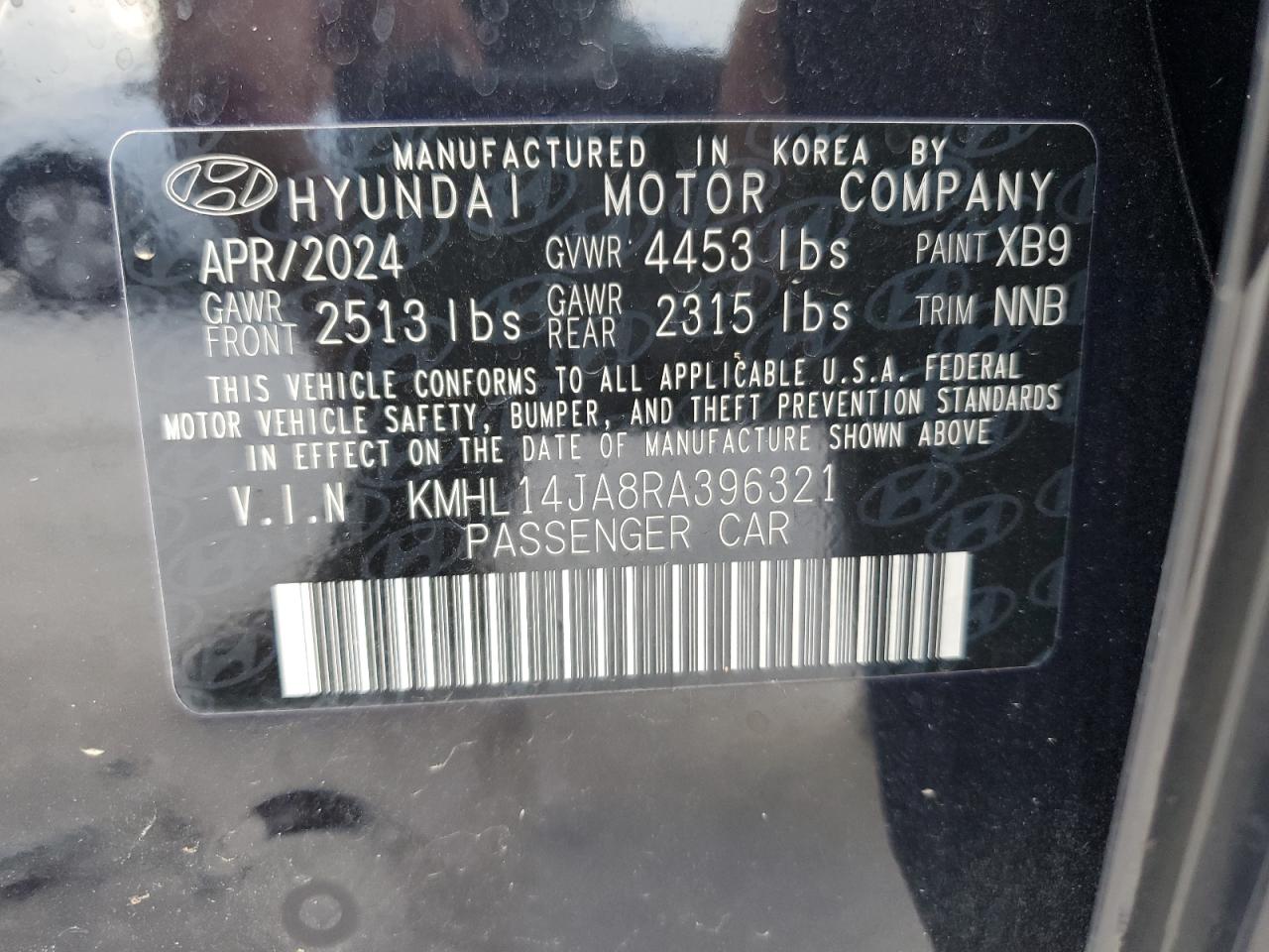 2024 HYUNDAI SONATA SEL VIN:KMHL14JA8RA396321