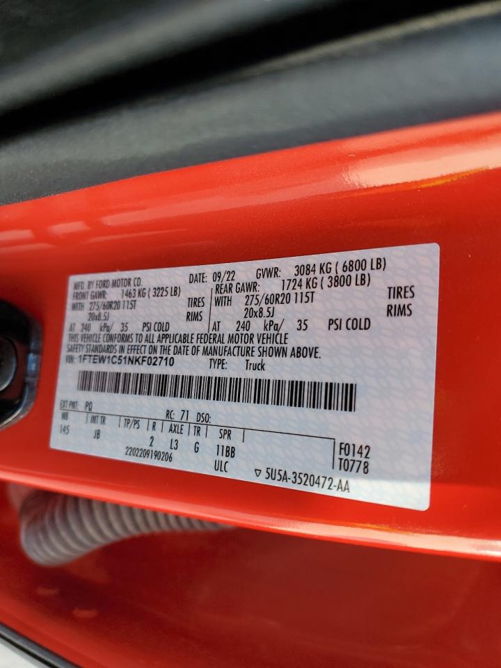 2022 FORD F150 SUPERCREW VIN:1FTEW1C51NKF02710