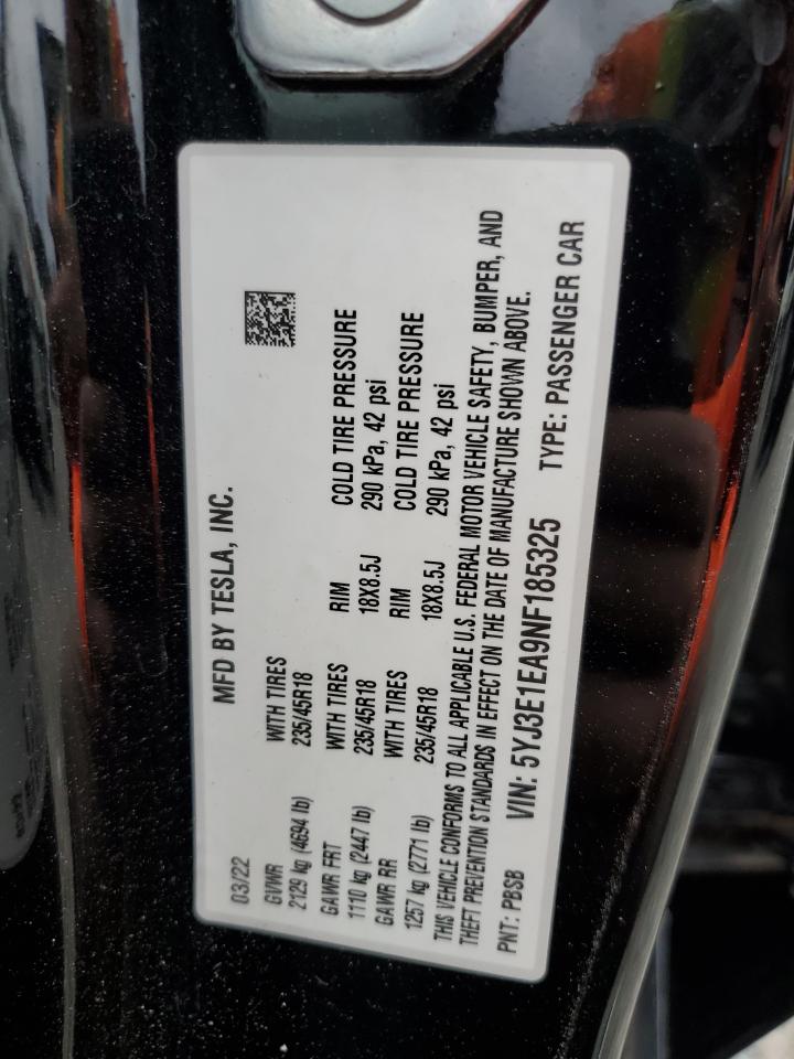 2022 TESLA MODEL 3  VIN:5YJ3E1EA9NF185325