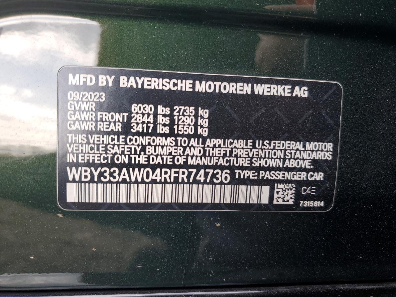 2024 BMW I4 M50 VIN:WBY33AW04RFR74736