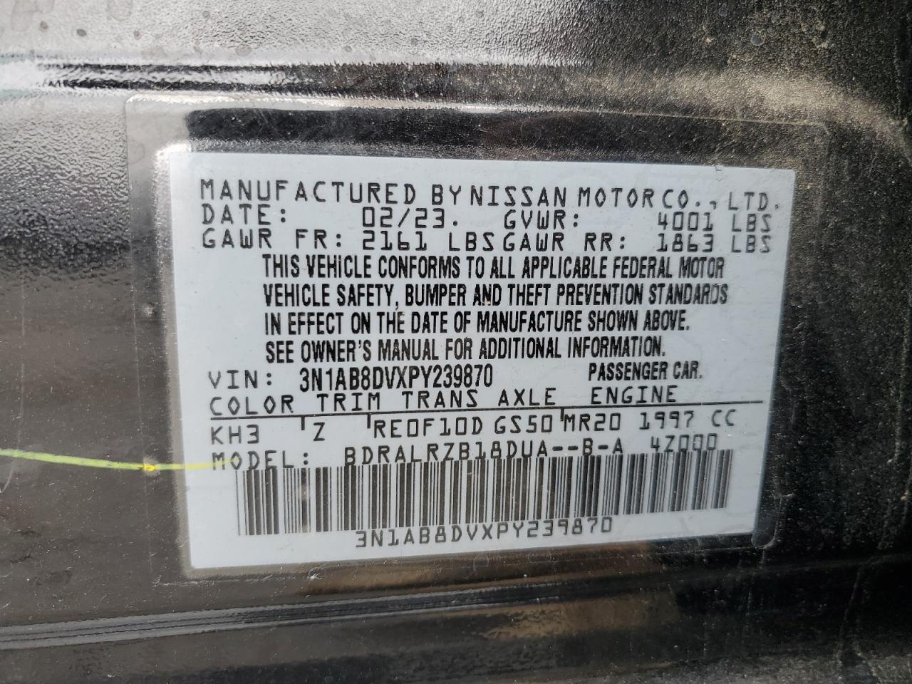 2023 NISSAN SENTRA SR VIN:3N1AB8DVXPY239870