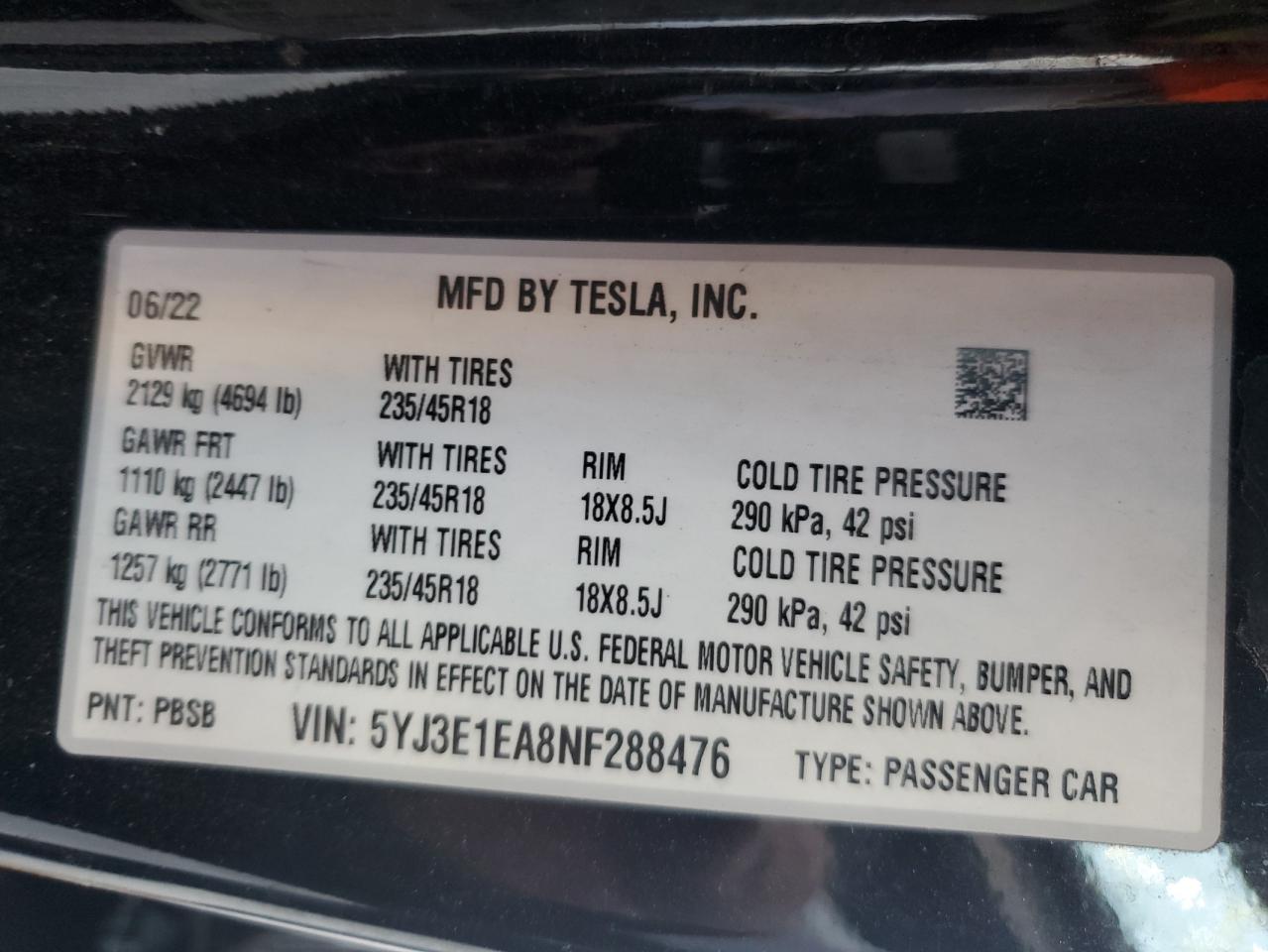 2022 TESLA MODEL 3  VIN:5YJ3E1EA8NF288476