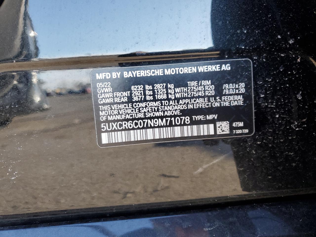 2022 BMW X5 XDRIVE40I VIN:5UXCR6C07N9M71078