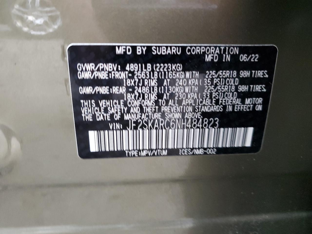 2022 SUBARU FORESTER TOURING VIN:JF2SKARC6NH484823