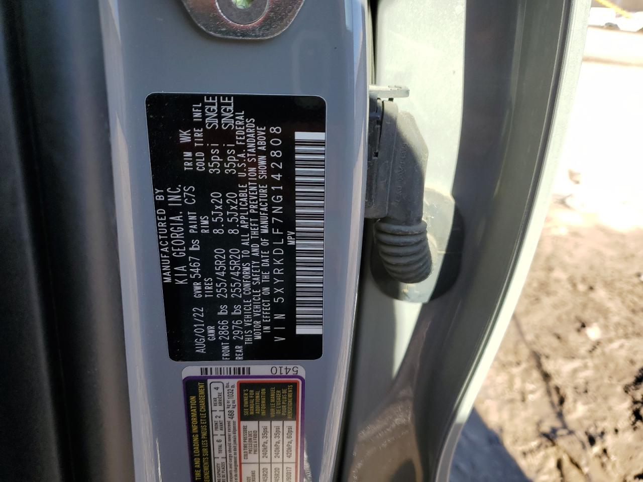 2022 KIA SORENTO SX VIN:5XYRKDLF7NG142808