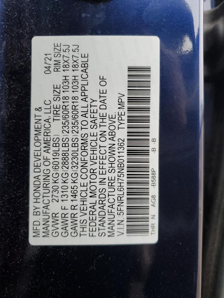 2022 HONDA ODYSSEY EXL VIN:5FNRL6H75NB011362