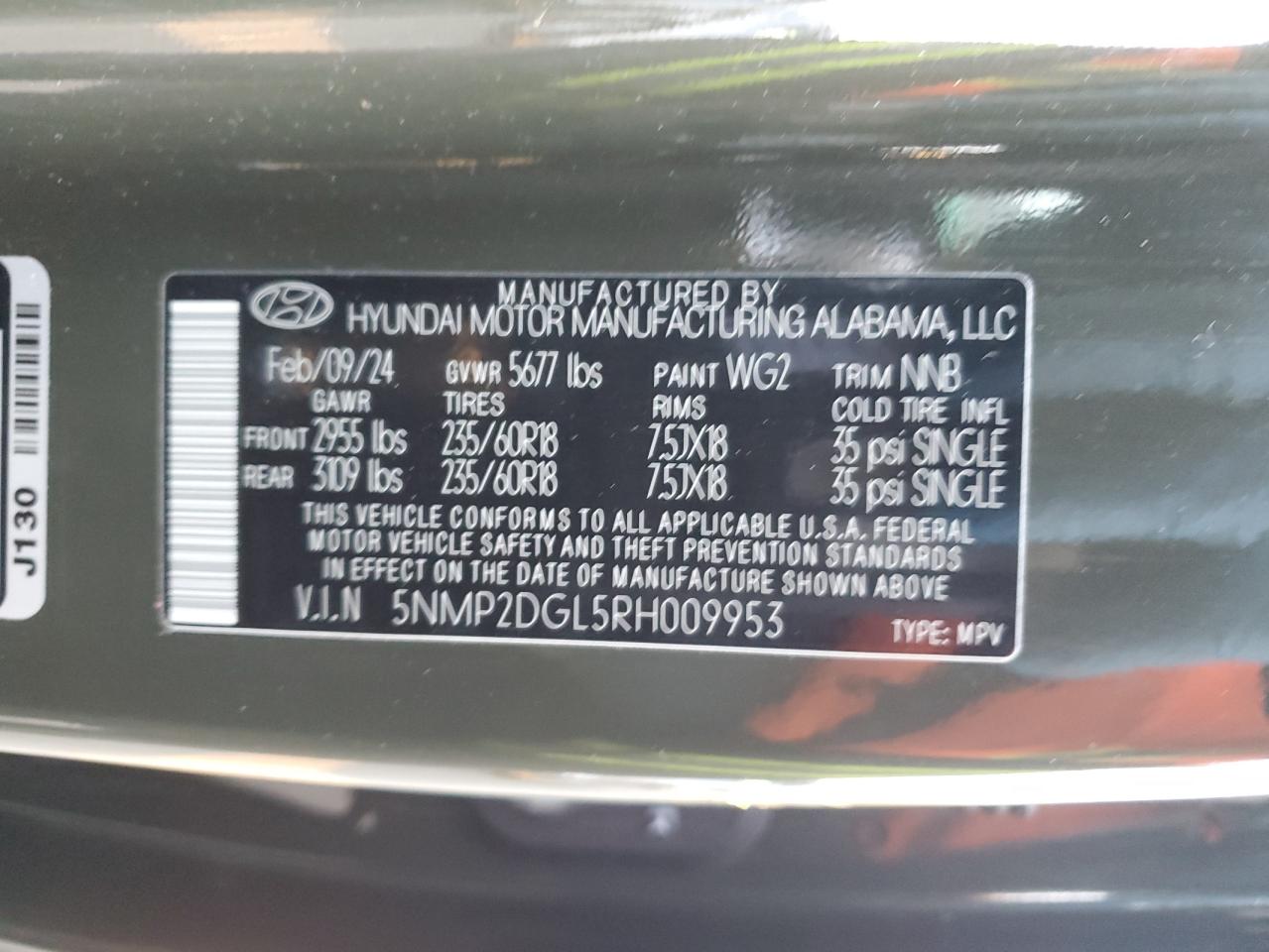 2024 HYUNDAI SANTA FE SEL VIN:5NMP2DGL5RH009953