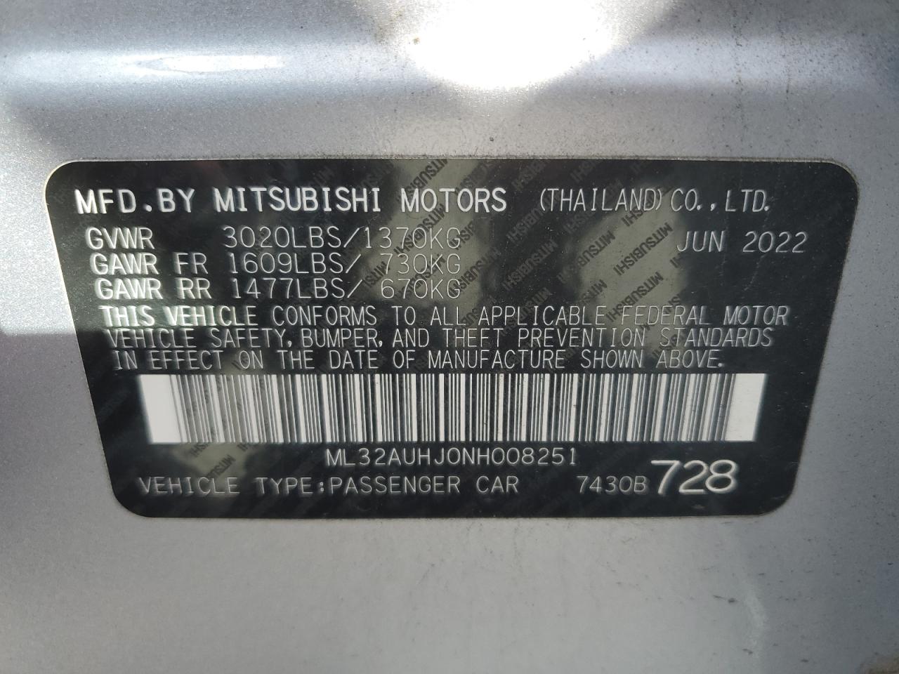 2022 MITSUBISHI MIRAGE ES VIN:ML32AUHJ0NH008251