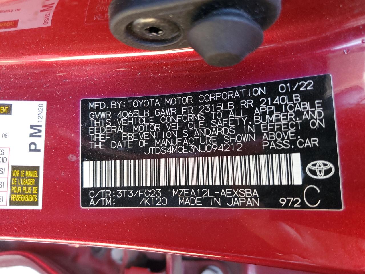 2022 TOYOTA COROLLA SE VIN:JTDS4MCE3NJ094212