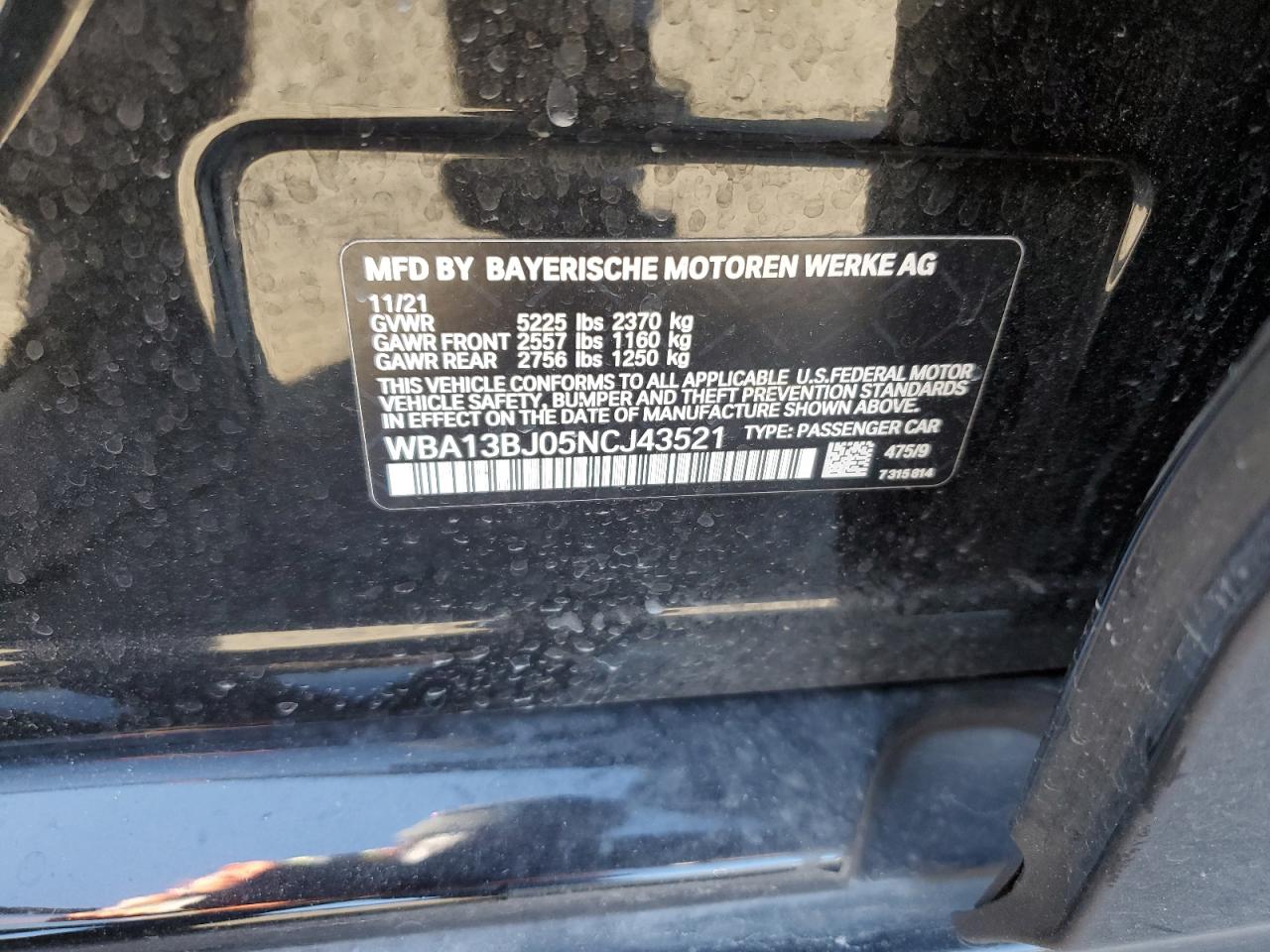 2022 BMW 530 XI VIN:WBA13BJ05NCJ43521