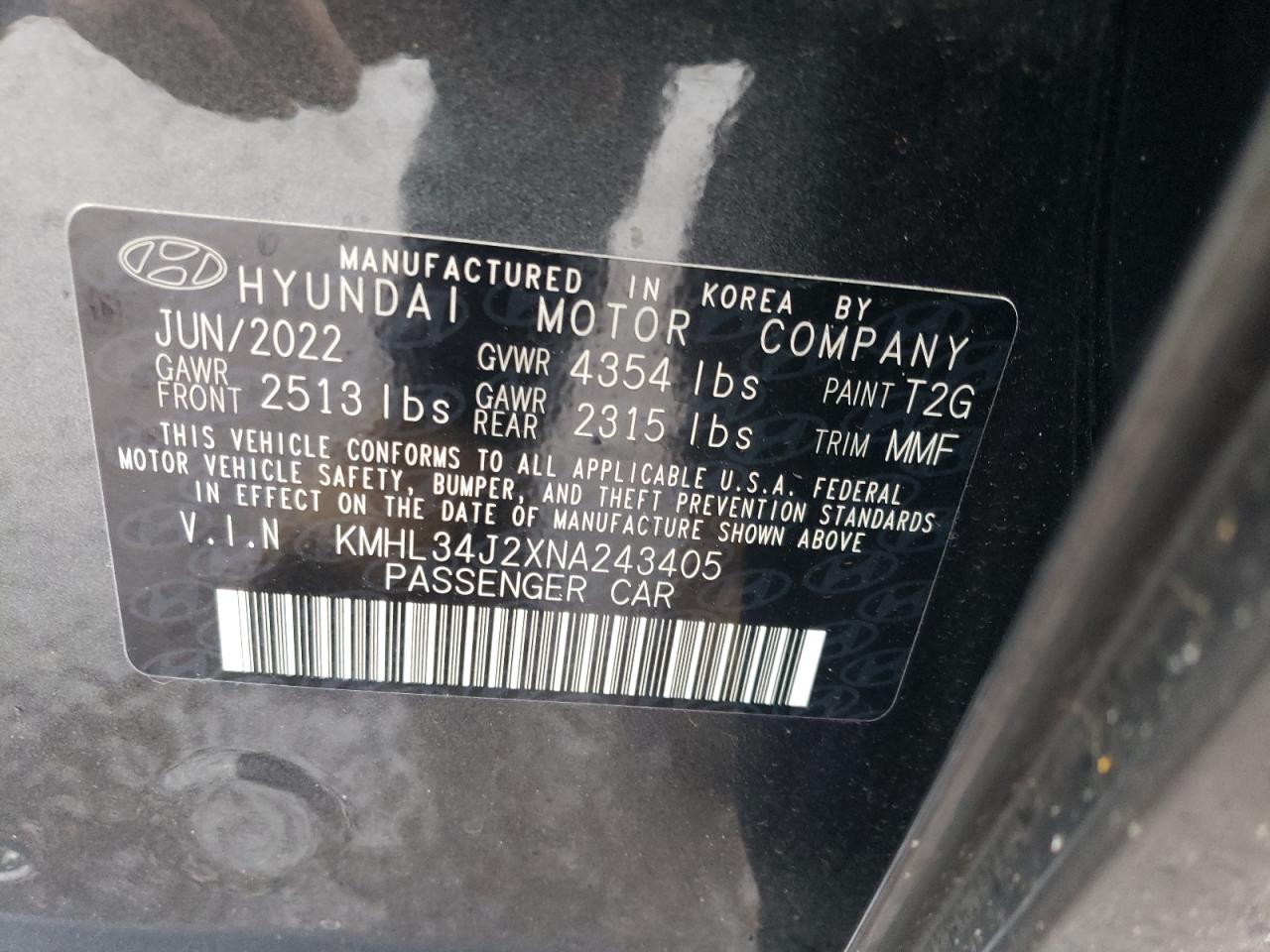 2022 HYUNDAI SONATA LIMITED VIN:KMHL34J2XNA243405