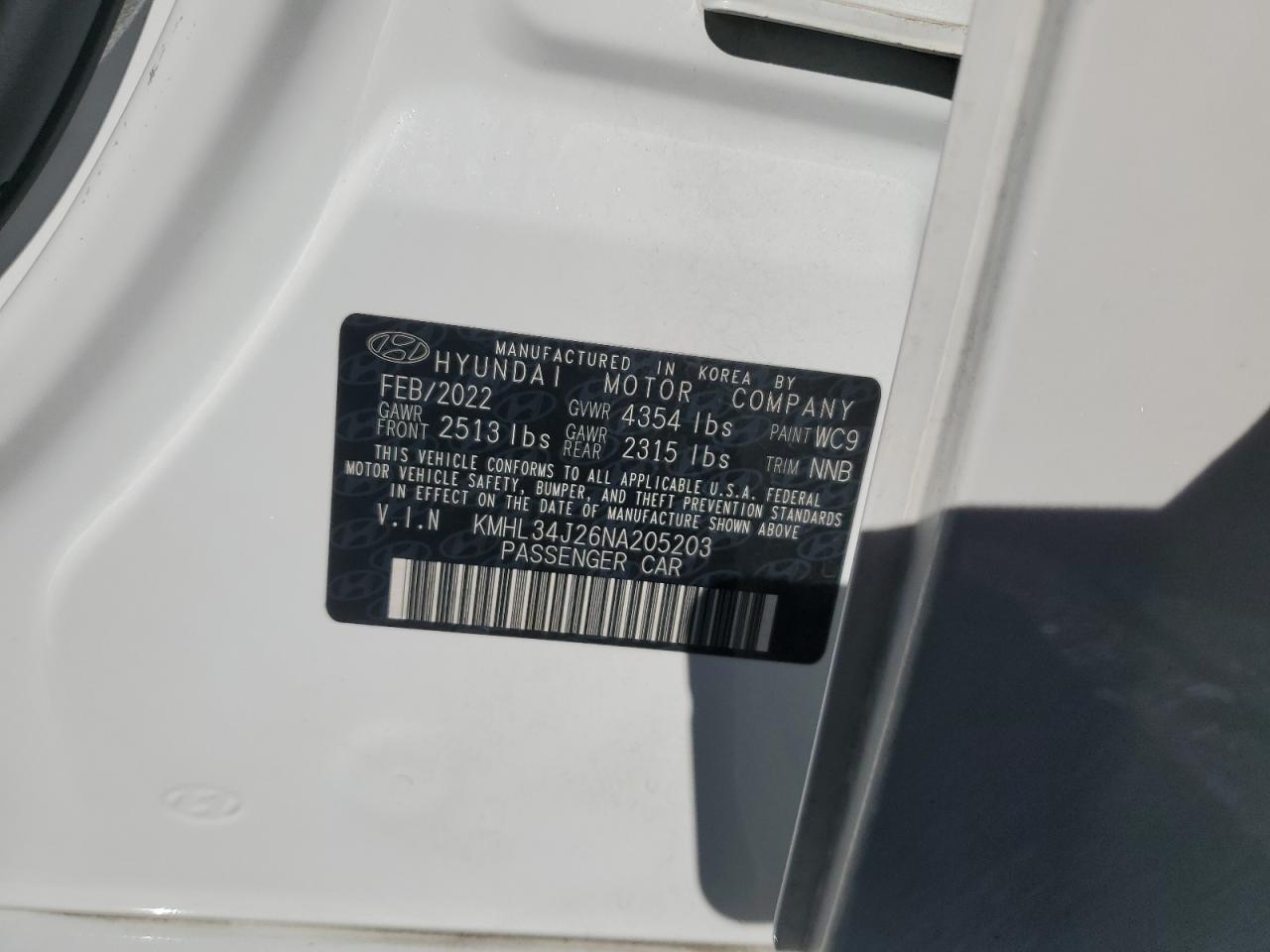 2022 HYUNDAI SONATA LIMITED VIN:KMHL34J26NA205203