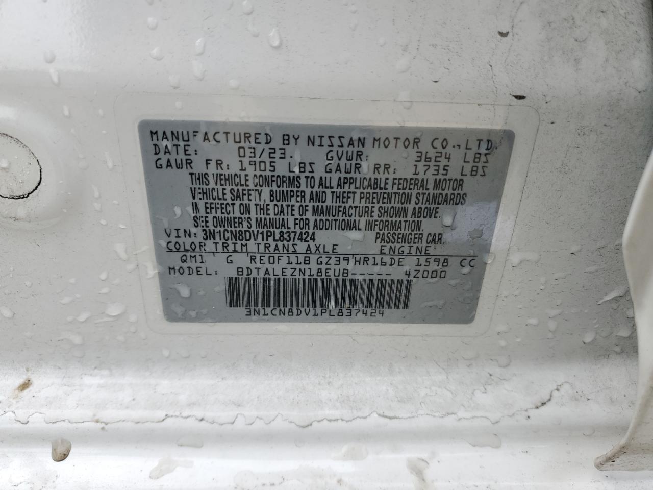 2023 NISSAN VERSA S VIN:3N1CN8DV1PL837424