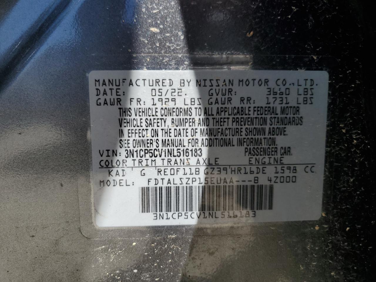 2022 NISSAN KICKS SV VIN:3N1CP5CV1NL516183