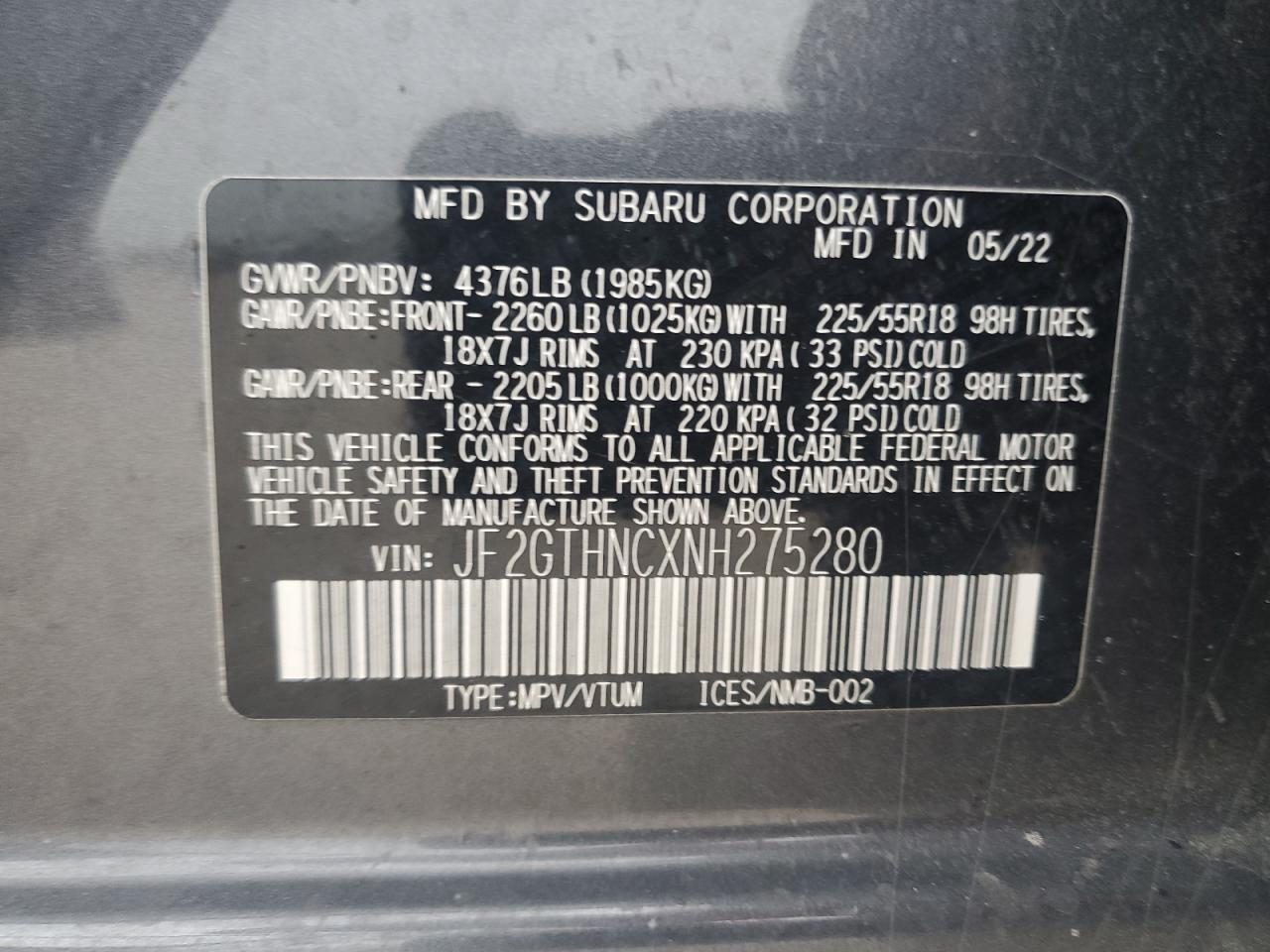 2022 SUBARU CROSSTREK LIMITED VIN:JF2GTHNCXNH275280