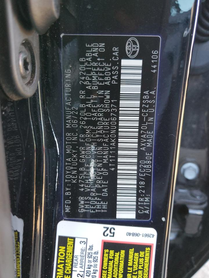 2022 TOYOTA CAMRY SE VIN:4T1T11AK0NU067371