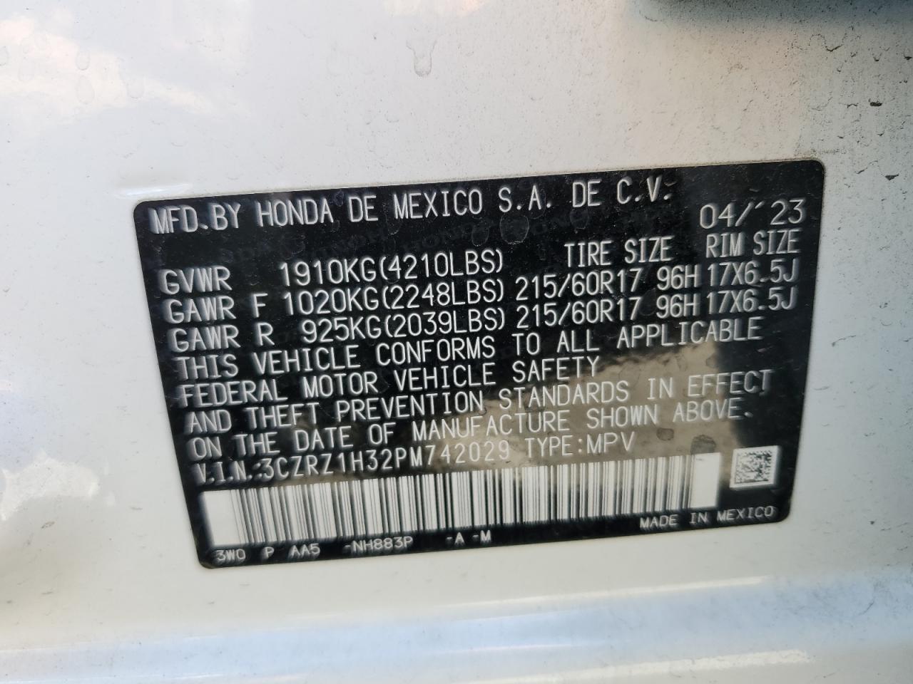 2023 HONDA HR-V LX VIN:3CZRZ1H32PM742029