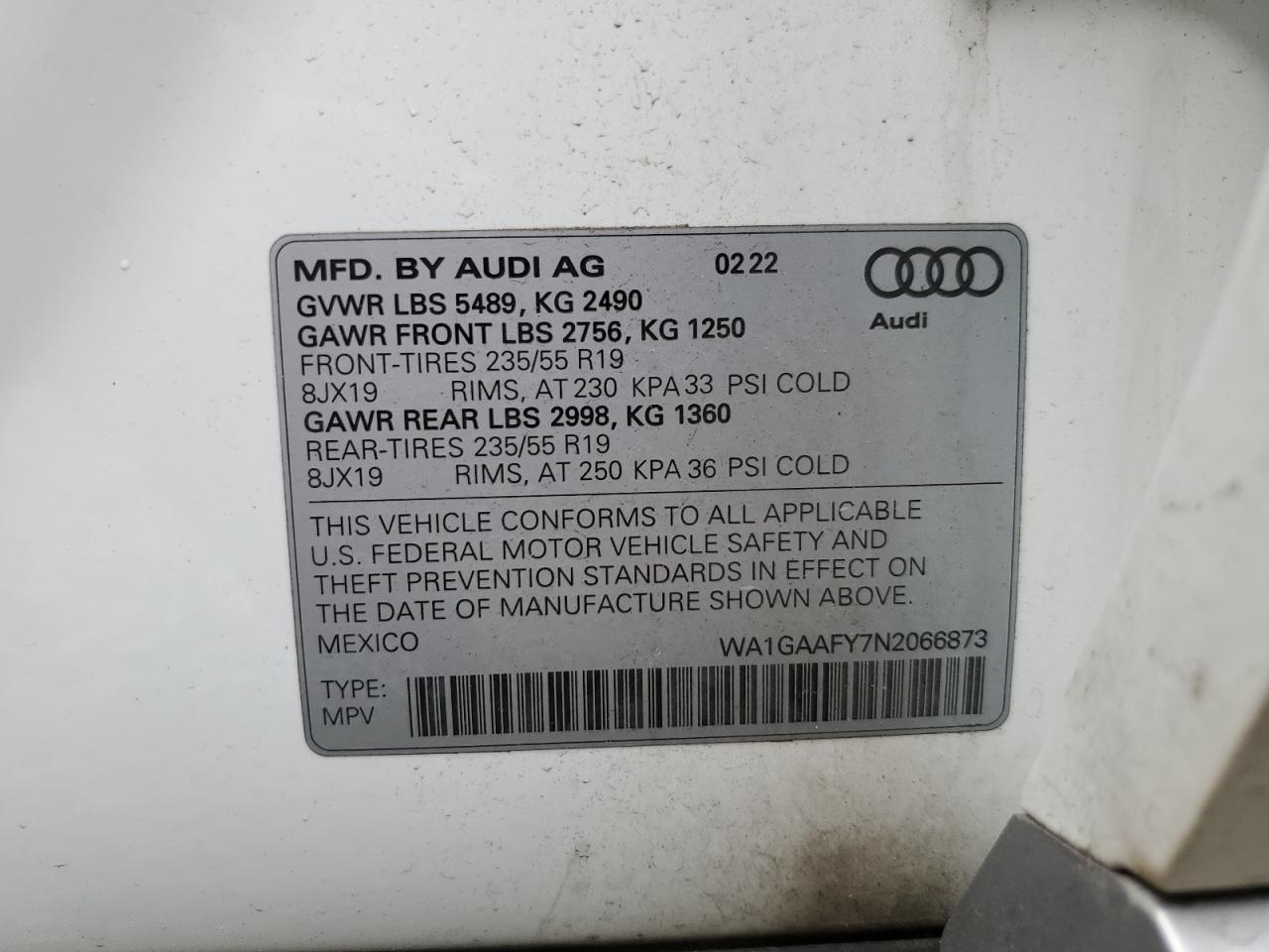 2022 AUDI Q5 PREMIUM 45 VIN:WA1GAAFY7N2066873