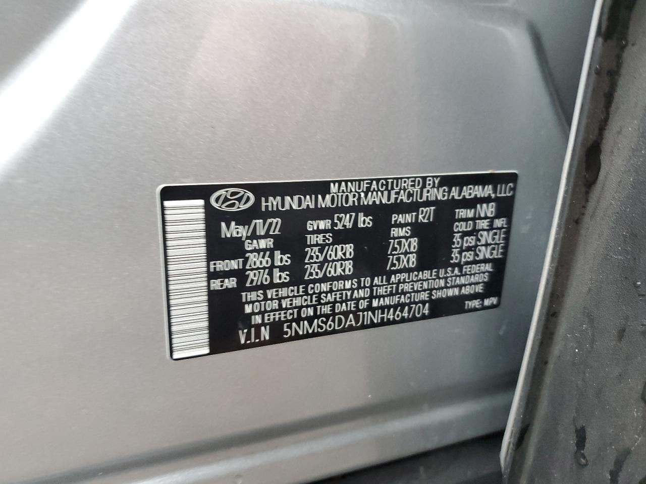 2022 HYUNDAI SANTA FE SEL VIN:5NMS6DAJ1NH464704